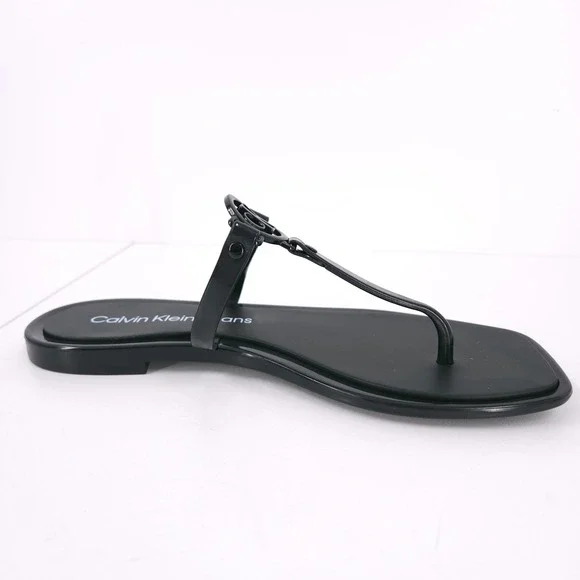 Calvin Klein Edhen Black Flat T Strap Thong Logo Sandals Womens Size 6 M - Picture 12 of 16